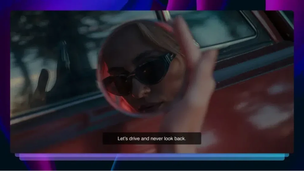Cinematic video scene with on-screen subtitles displayed during a driving moment.