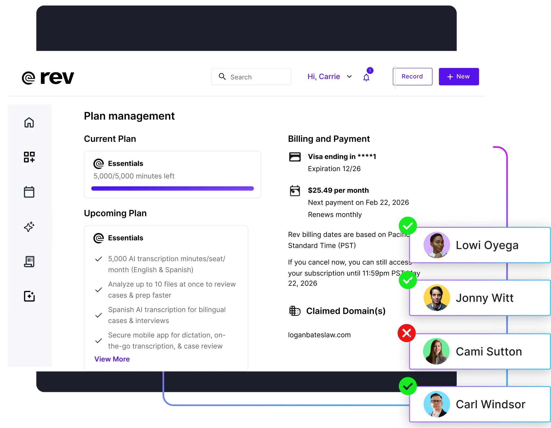 Rev account dashboard showing plan management with current and upcoming Essentials plans, billing details including Visa card ending in 1, and a section of claimed domains with user profile photos and access status indicated by green check marks and a red cross.