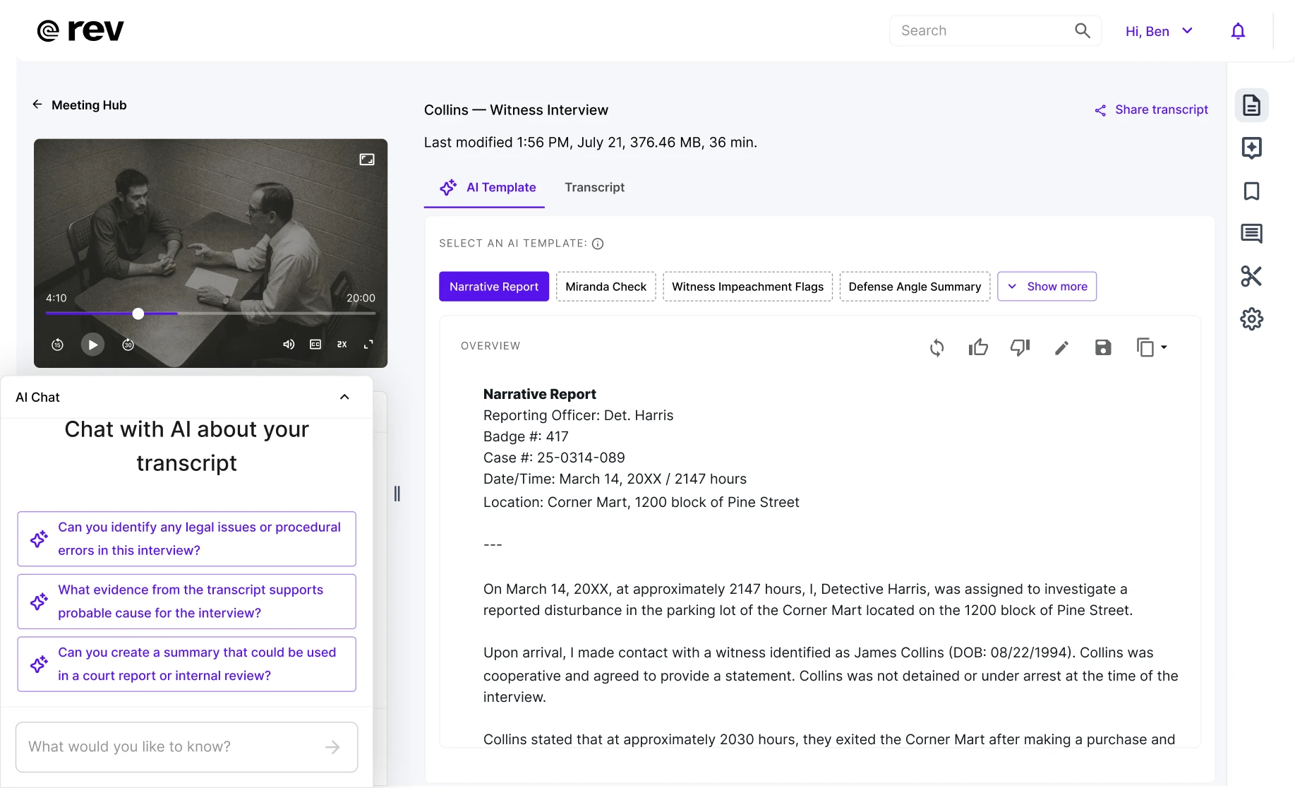 Screen showing a video interview in a software interface with AI template options and chat prompts about a witness interview transcript.