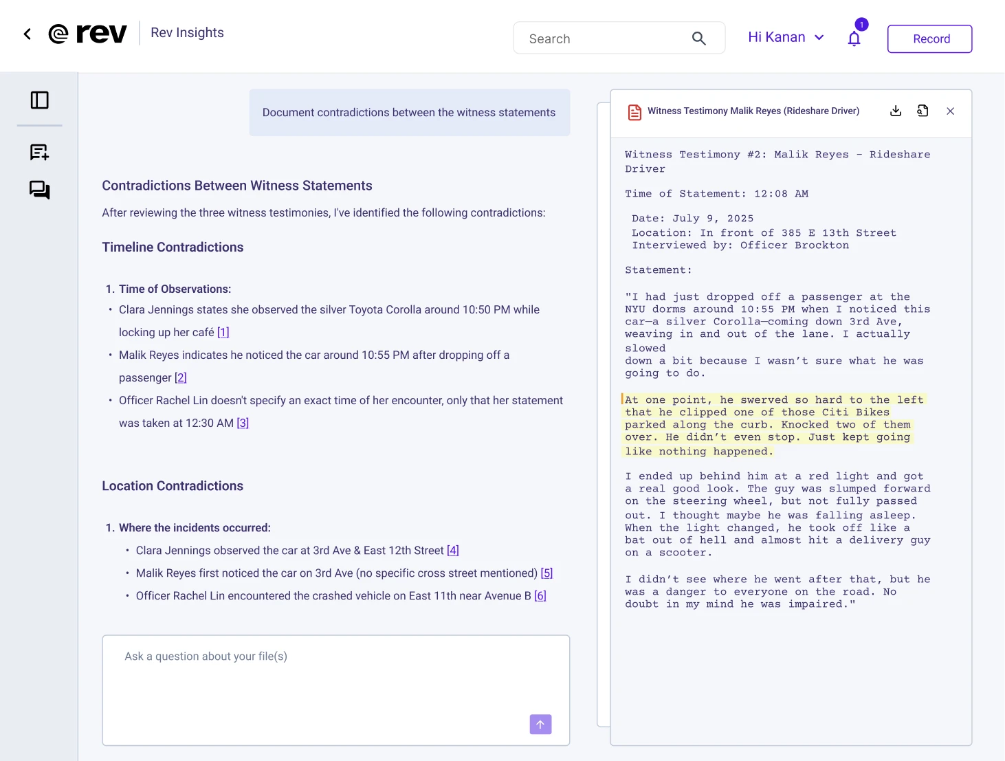 Screenshot of a Rev Insights interface showing contradictions between witness statements about a rideshare car incident, including timeline and location contradictions, and a detailed witness testimony by Malik Reyes.