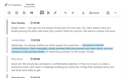 A snapshot of Rev's AI Chat feature that reads "Chat with AI about your transcript" and shows feature options below.