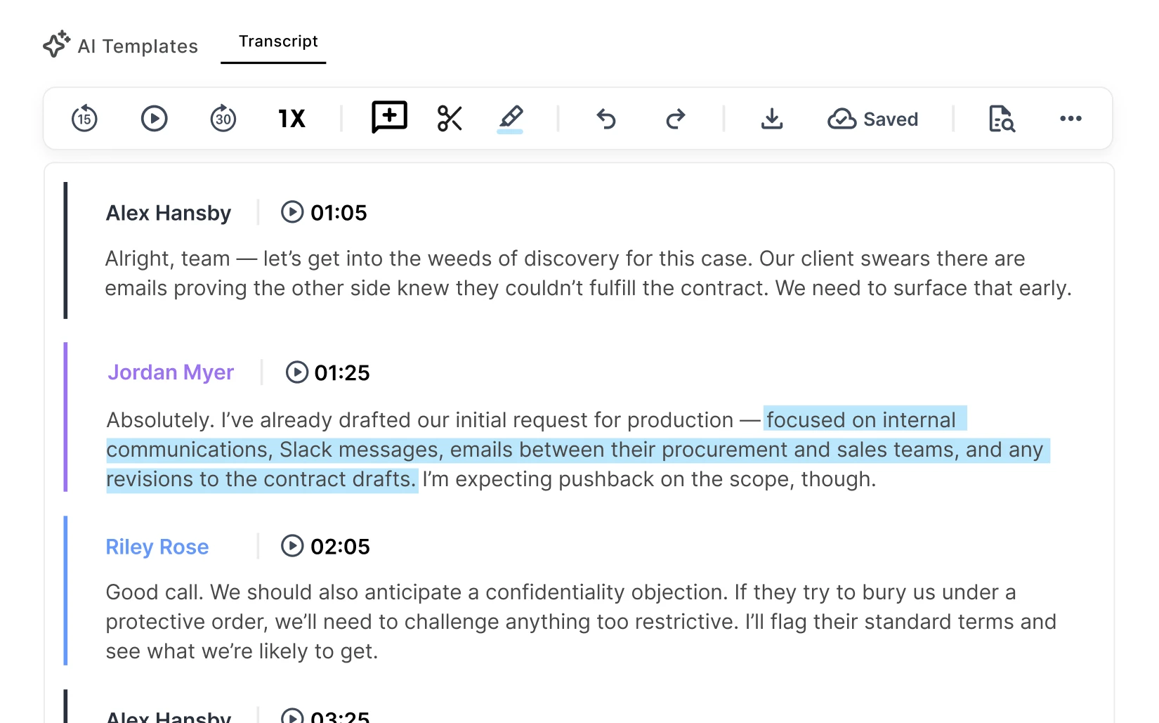 A snapshot of Rev's AI Chat feature that reads "Chat with AI about your transcript" and shows feature options below.