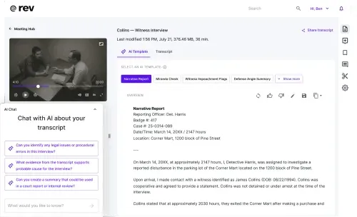 A snapshot of Rev's AI Chat feature that reads "Chat with AI about your transcript" and shows feature options below.
