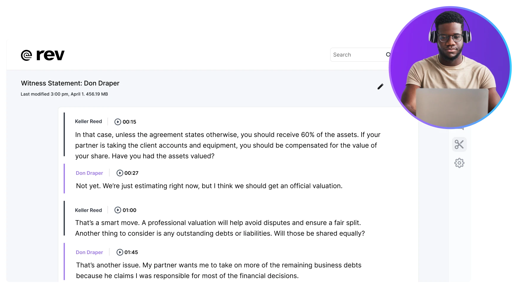 Screenshot of a Rev transcription interface with a conversation between Keller Reed and Don Draper about asset valuation and business debts, alongside a man wearing glasses and headphones working on a laptop.