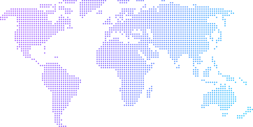 World map composed of small purple and blue dots showing continents and major landmasses on a black background.