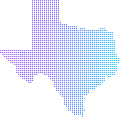 Map of Texas filled with small black star icons in a purple to blue gradient on a black background.