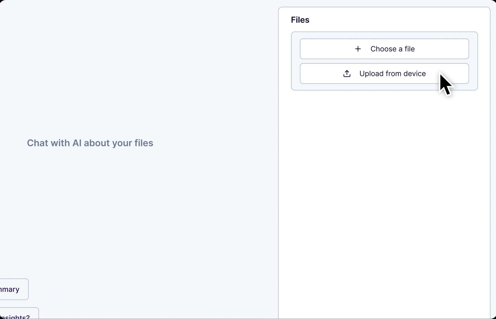 Interface section labeled Files showing buttons to Choose a file and Upload from device with a cursor hovering over the upload button.