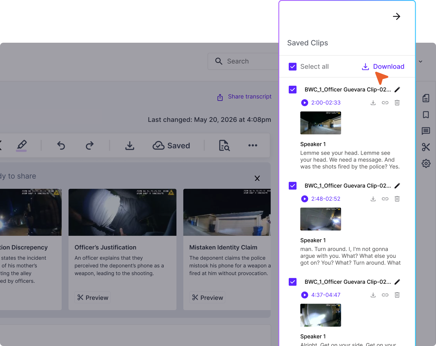 Screen showing saved clips with timestamps, speaker notes, video thumbnails, and a download option.