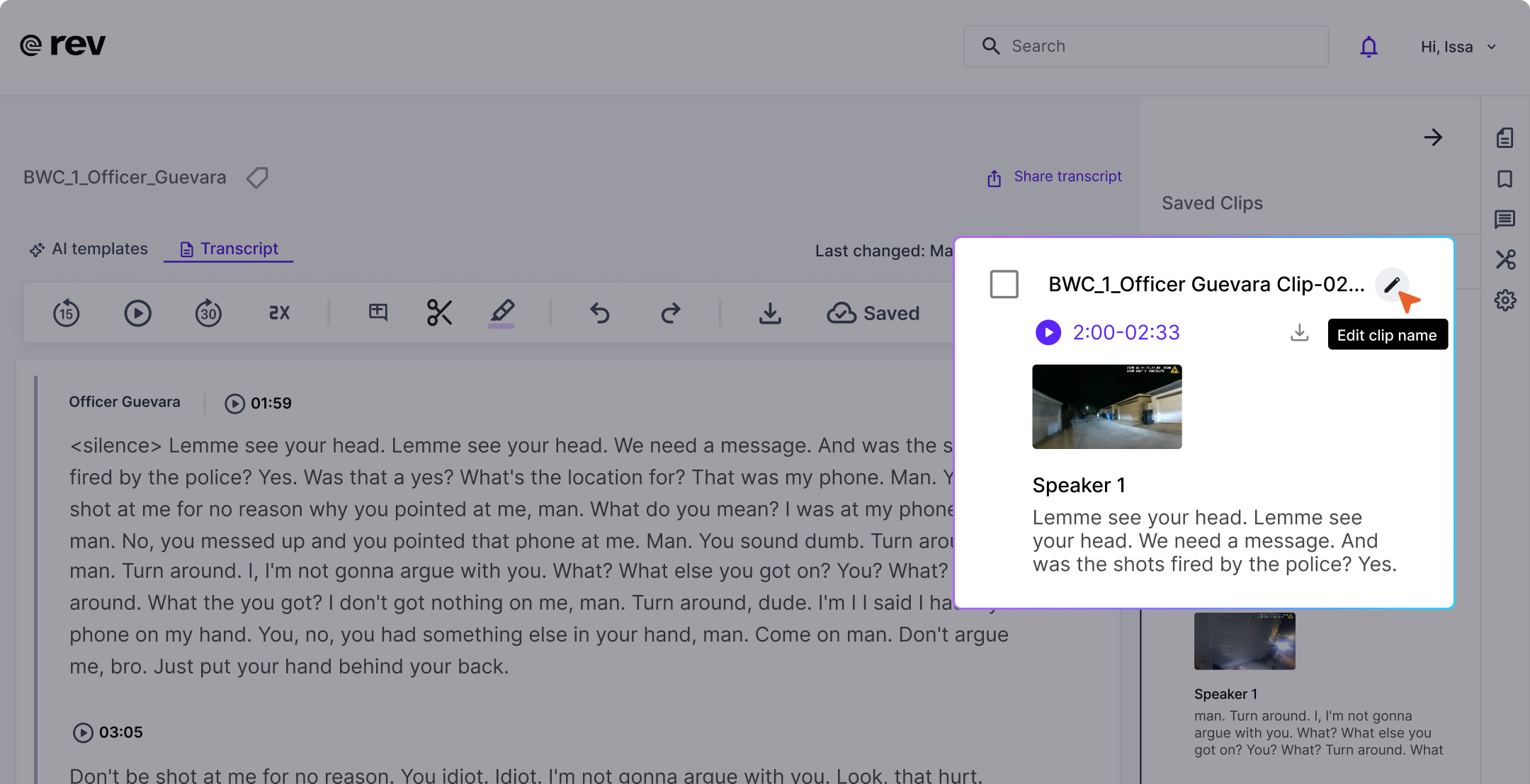 Screen showing a Rev transcript editor with a transcript clip named BWC_1_Officer Guevara.