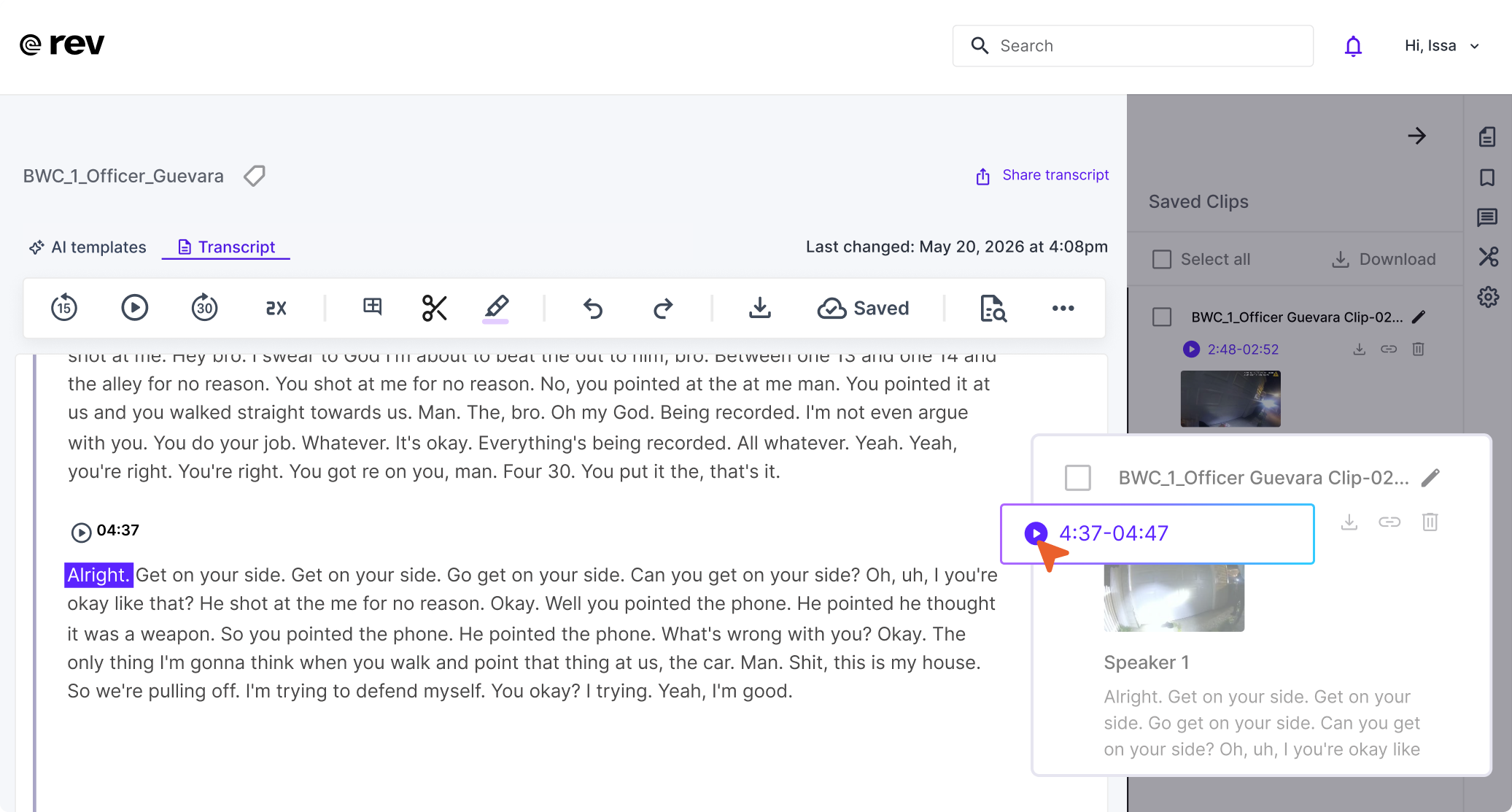 Screenshot of Rev transcript editor showing a transcript and saved clips with playback options.