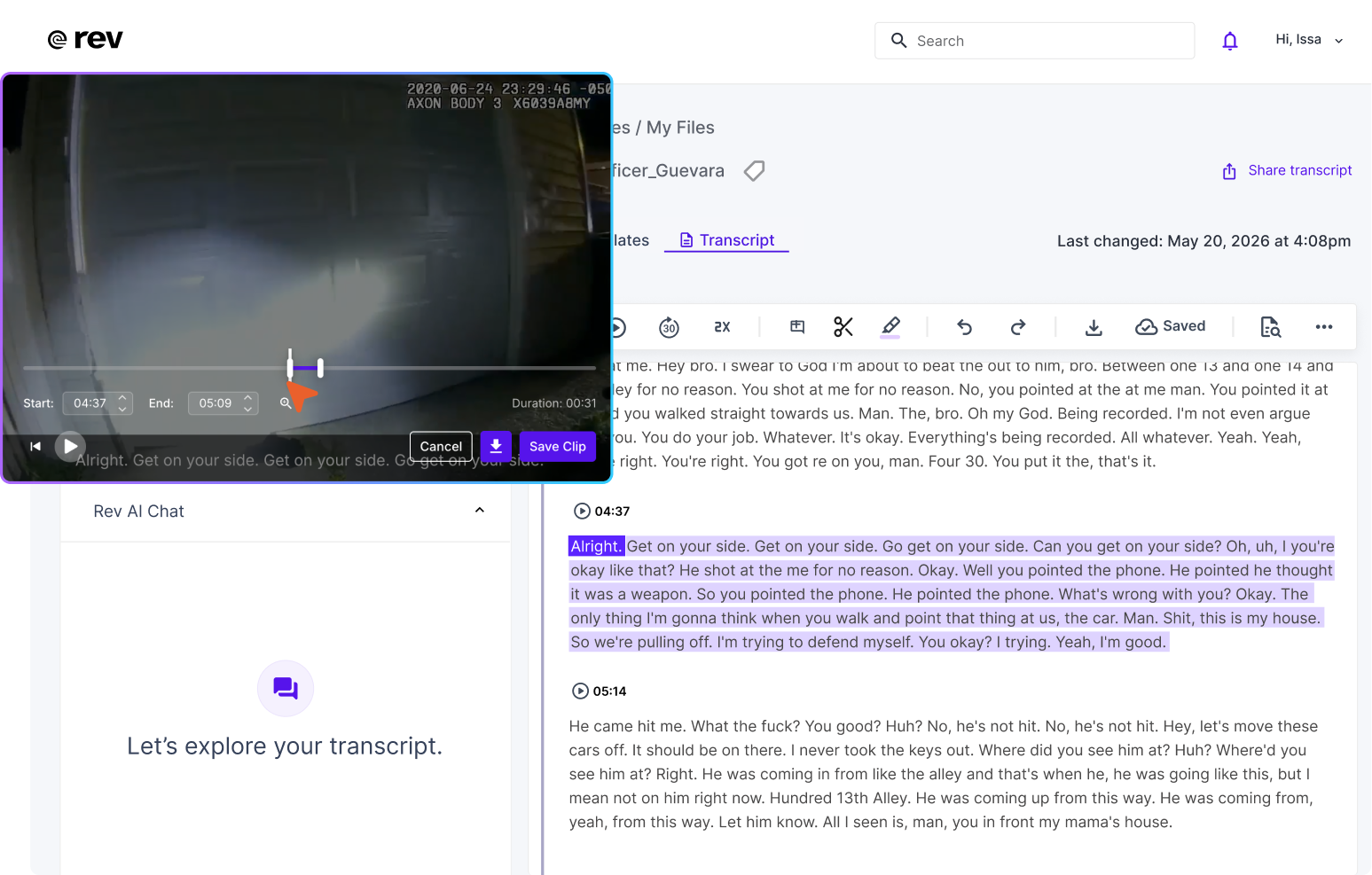 Video editing interface showing a body cam clip with playback controls and transcript text highlighted.