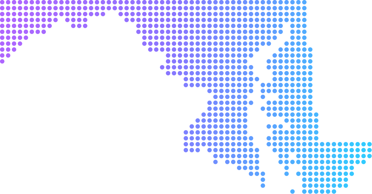 Dotted digital map of Maryland state with gradient purple to blue dots on a black background.