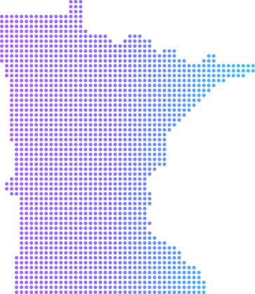 Dot pattern map of Minnesota state in gradient colors from purple to blue.