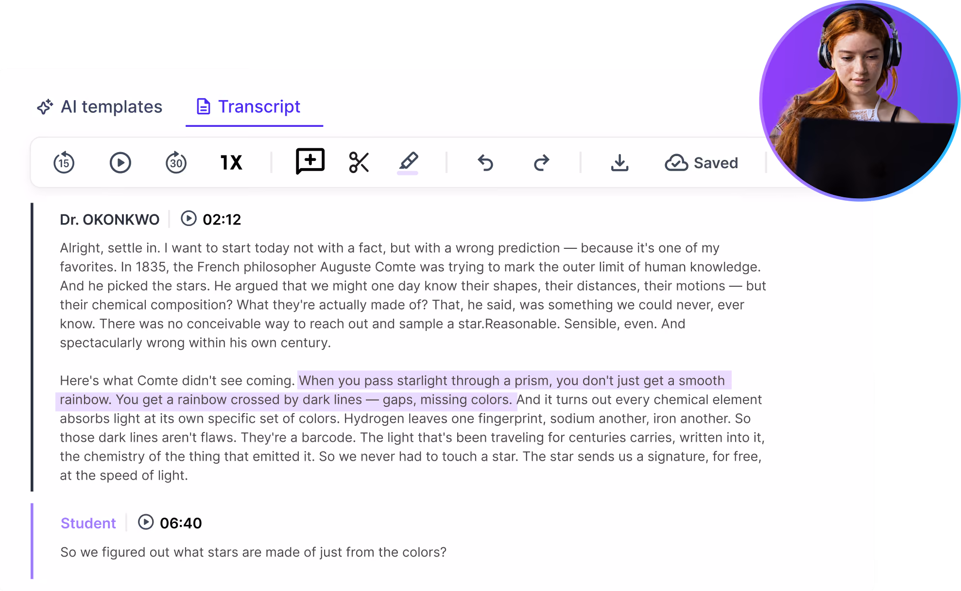 Screenshot of a transcript with a woman wearing headphones visible in a circular frame in the top right corner.