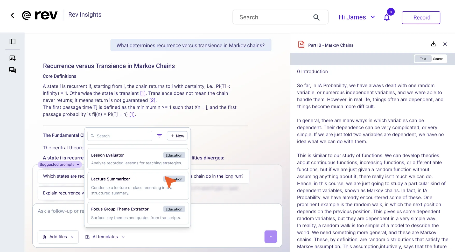 Rev Insights interface showing a transcript on Markov chains with AI template suggestions like Lecture Summarizer.