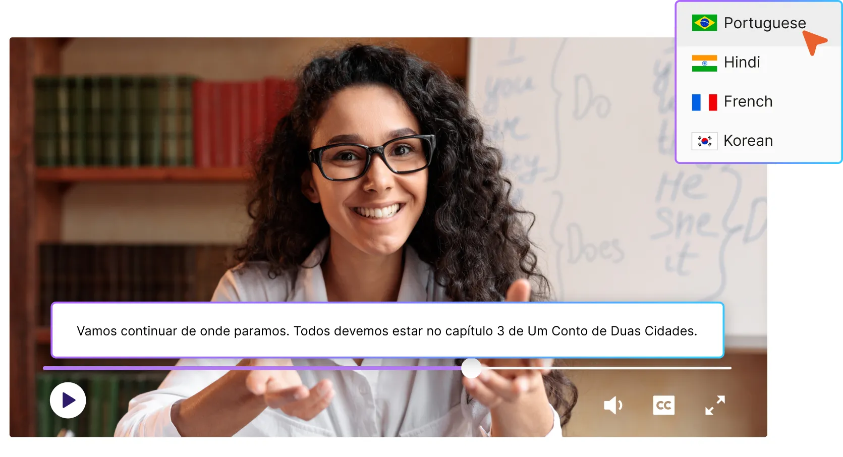 Smiling woman with glasses teaching, video subtitles in Portuguese, language options visible in dropdown.