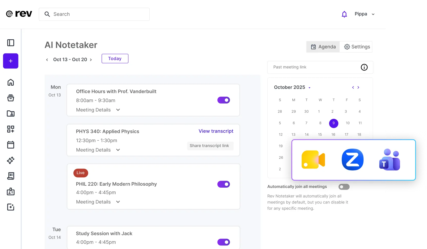 AI Notetaker meeting schedule with toggles for Oct 13-14 and calendar highlighting October 9, 2025.