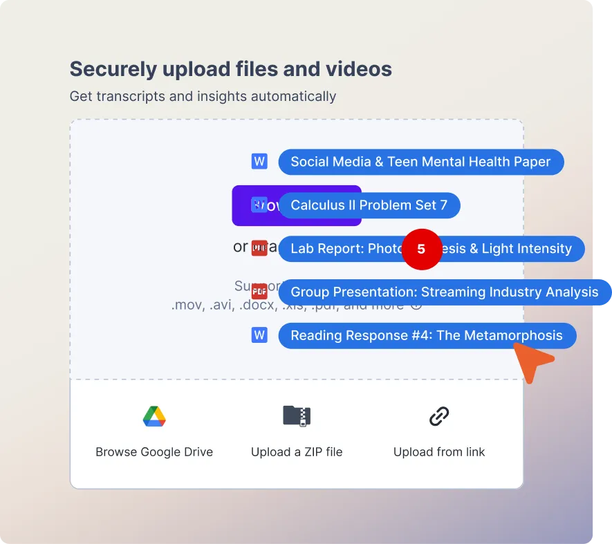 A snapshot of Rev's AI Chat feature that reads "Chat with AI about your transcript" and shows feature options below.