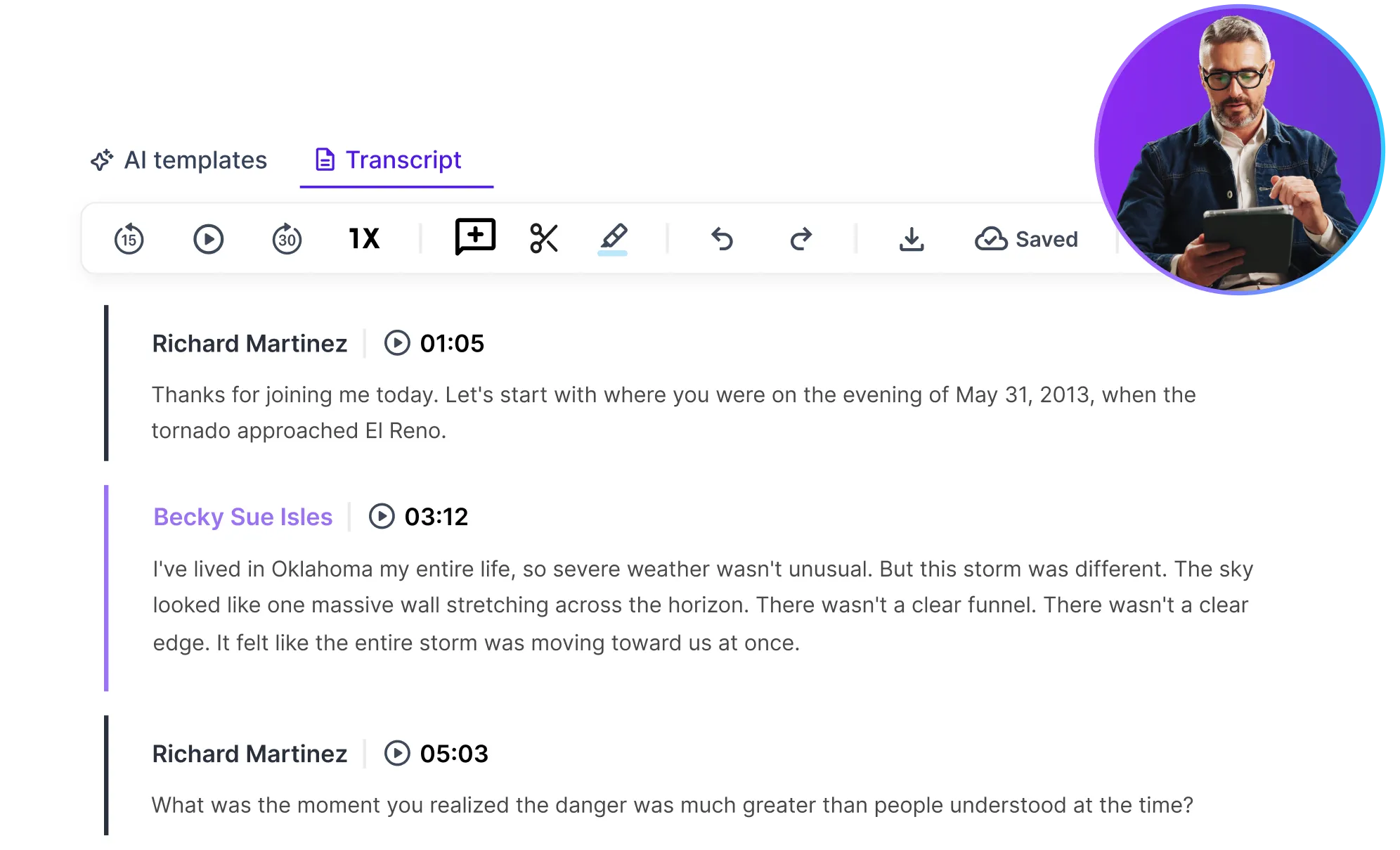 Screenshot of a transcript with timestamps, speakers Richard Martinez and Becky Sue Isles, discussing a 2013 tornado.
