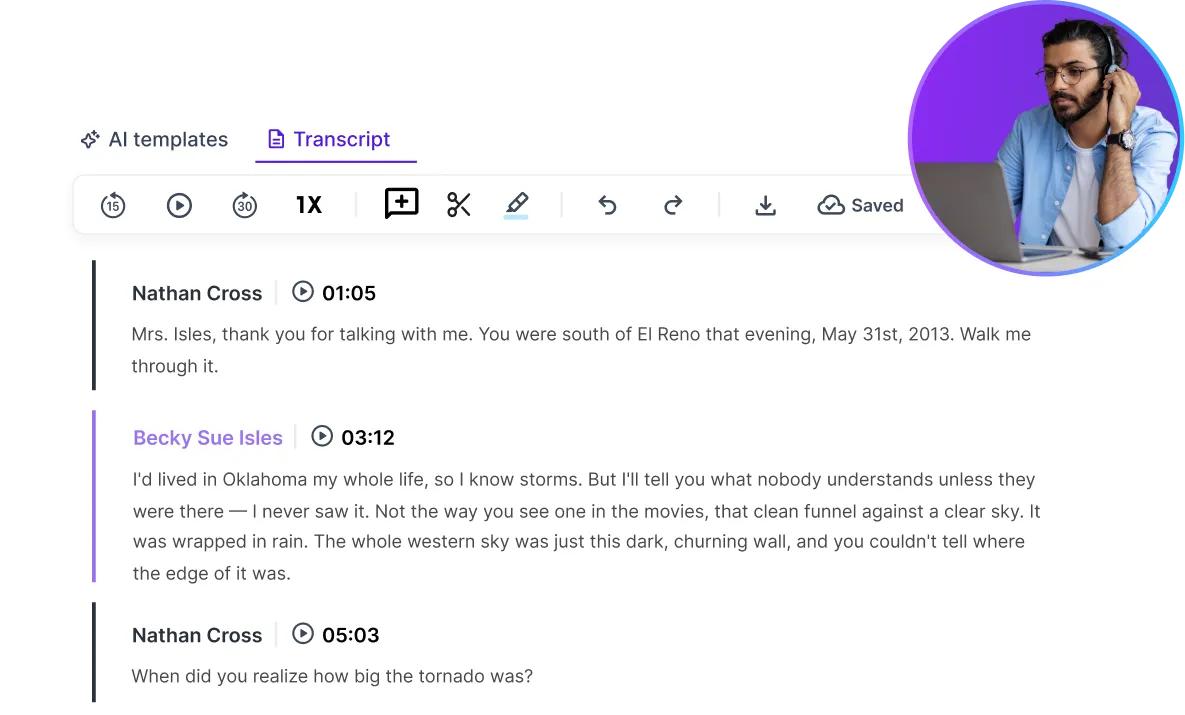 Screenshot of an interview transcript interface with dialogue about a 2013 tornado in Oklahoma.