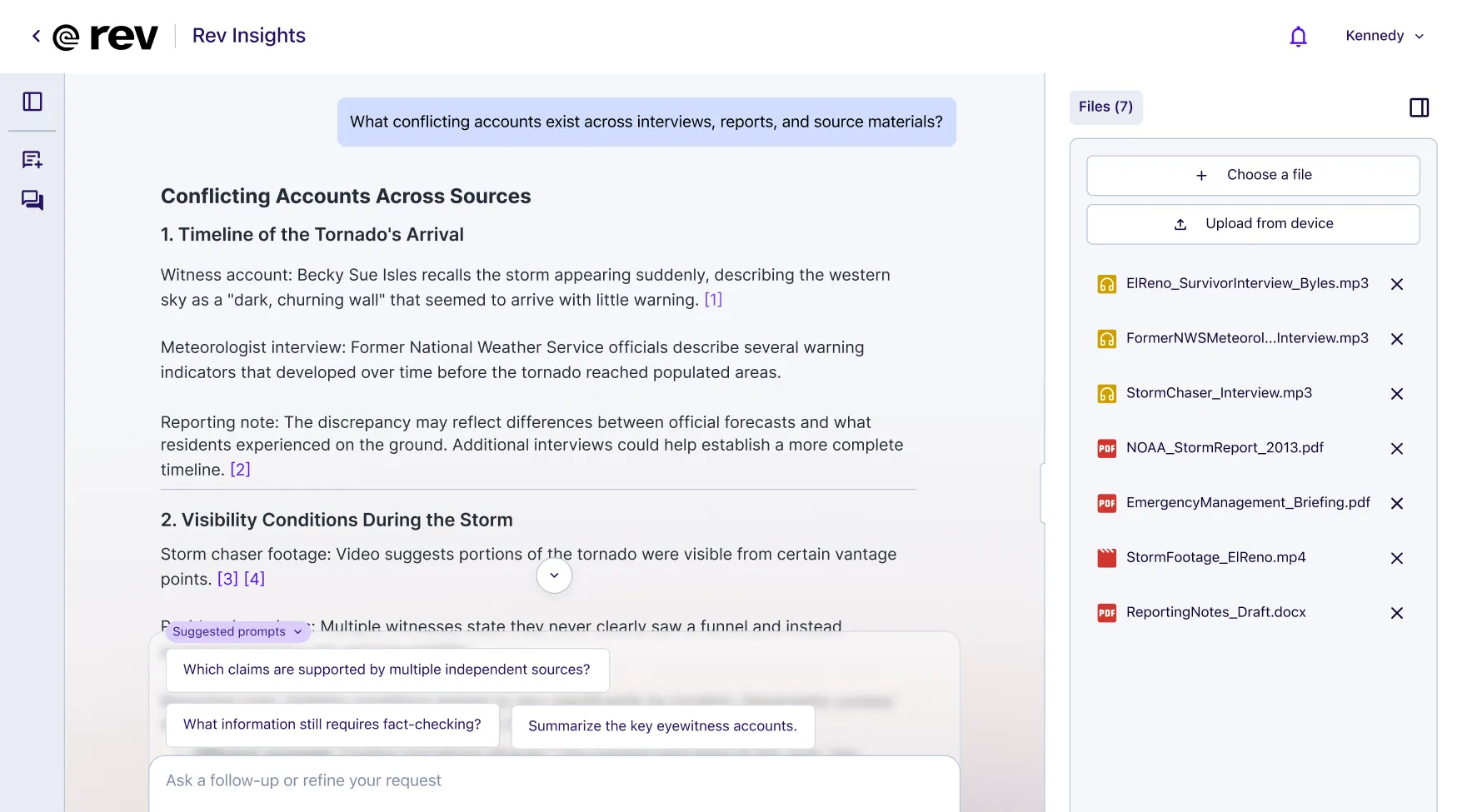 Rev Insights interface showing conflicting accounts on tornado timeline and visibility with file upload panel.