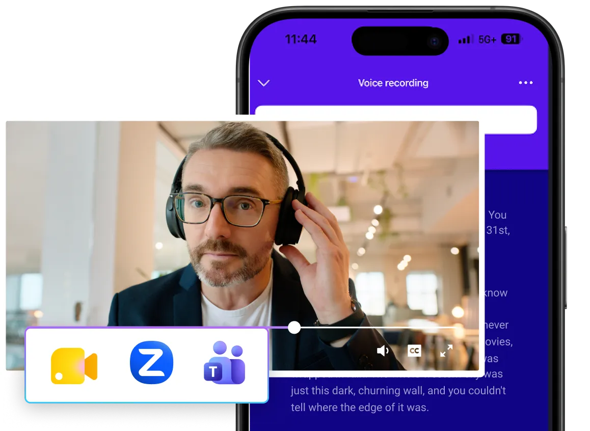 Man with glasses and beard adjusting headphones during a video call on a phone app.