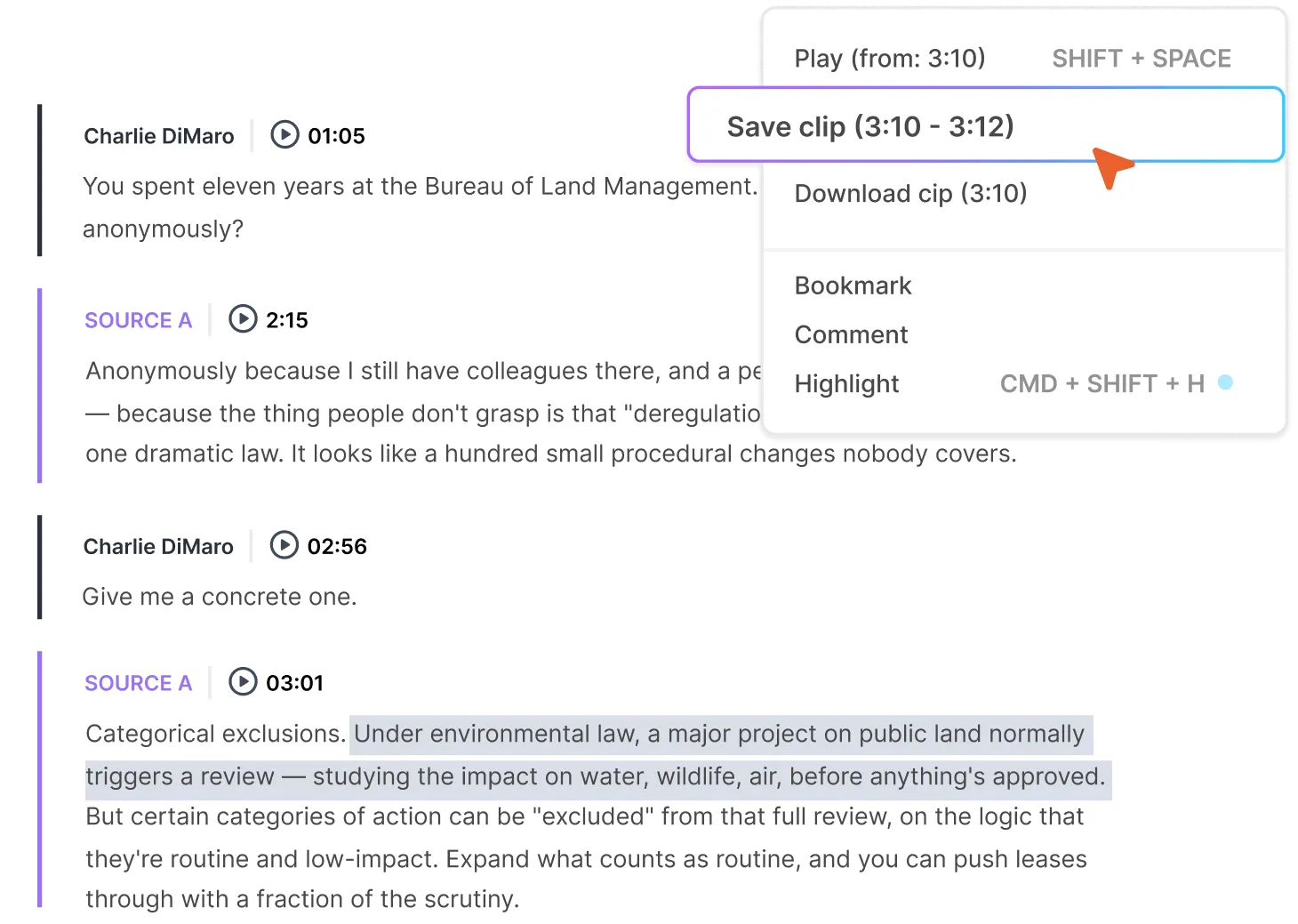 Transcript showing a clip save menu and highlighted text on environmental law about review triggers on public land projects.