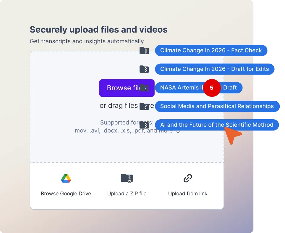 A snapshot of Rev's AI Chat feature that reads "Chat with AI about your transcript" and shows feature options below.