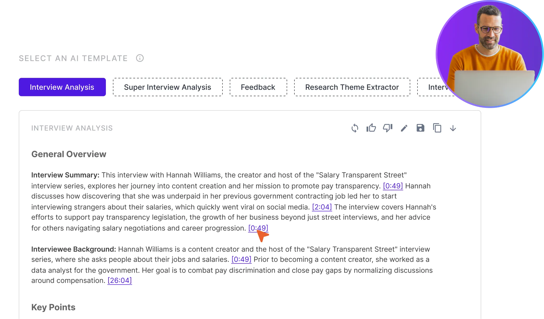Screenshot of an AI template selection screen showing an interview analysis with text and a man working on a laptop.