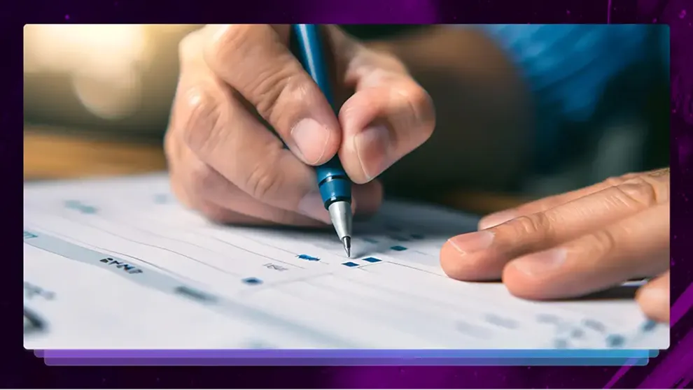 Close-up of a hand using a pen to fill out a form or survey on paper.