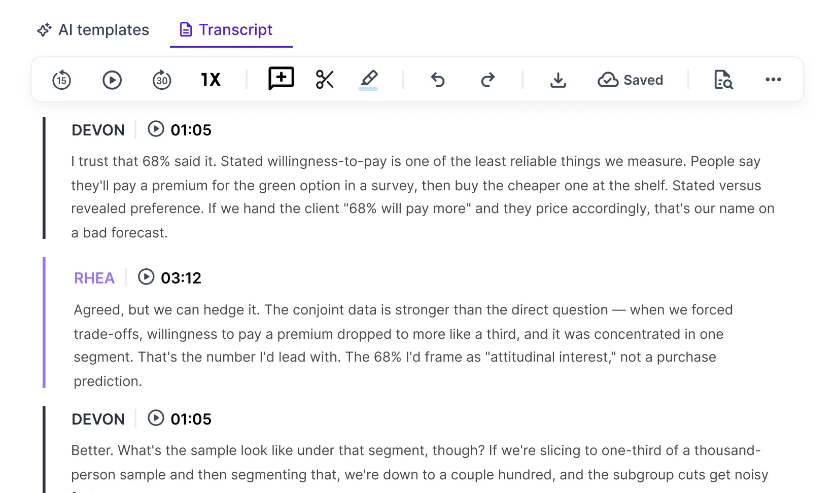 Transcript showing a discussion about willingness-to-pay percentages and data reliability between Devon and Rhea.