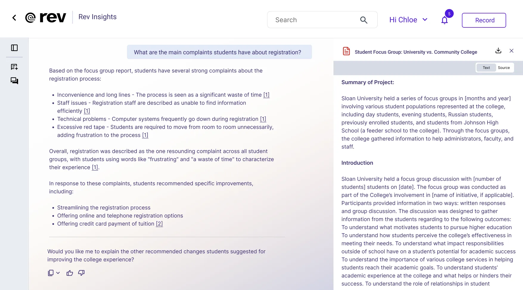 Rev Insights screen showing student complaints on registration and recommended improvements like online options.