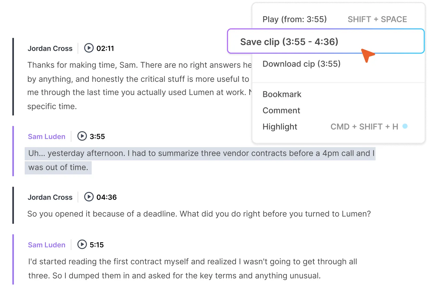 Transcript with highlighted text and a menu showing options to save, play, download clip, bookmark, comment, or highlight.