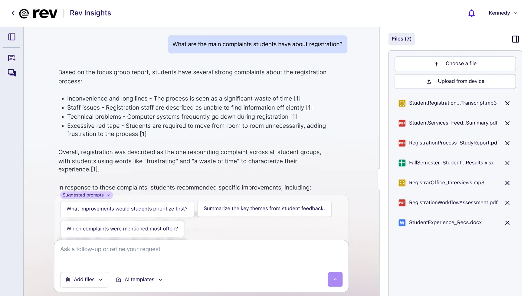 Screen showing Rev Insights with student complaints on registration and suggested prompts for improvement.