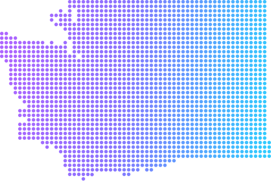 Dot pattern map of Washington state in gradient purple to blue colors on black background.
