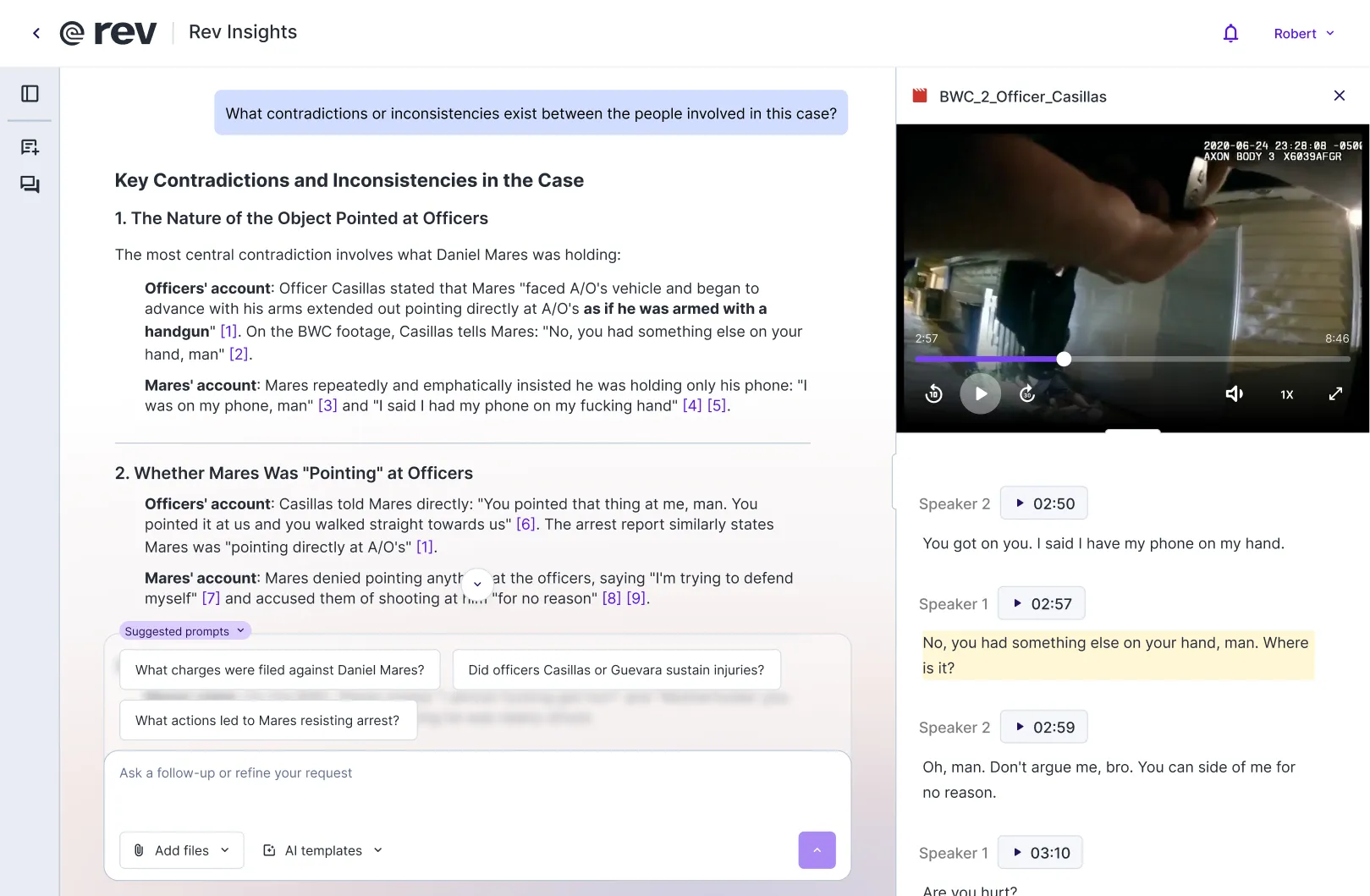 A snapshot of Rev's AI Chat feature that reads "Chat with AI about your transcript" and shows feature options below.