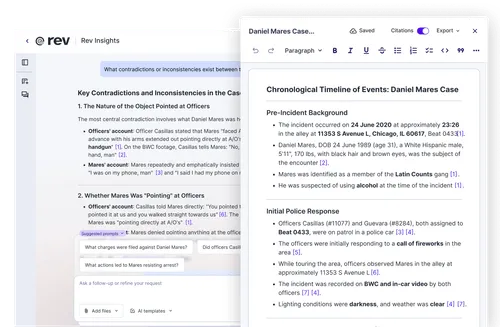 A snapshot of Rev's AI Chat feature that reads "Chat with AI about your transcript" and shows feature options below.