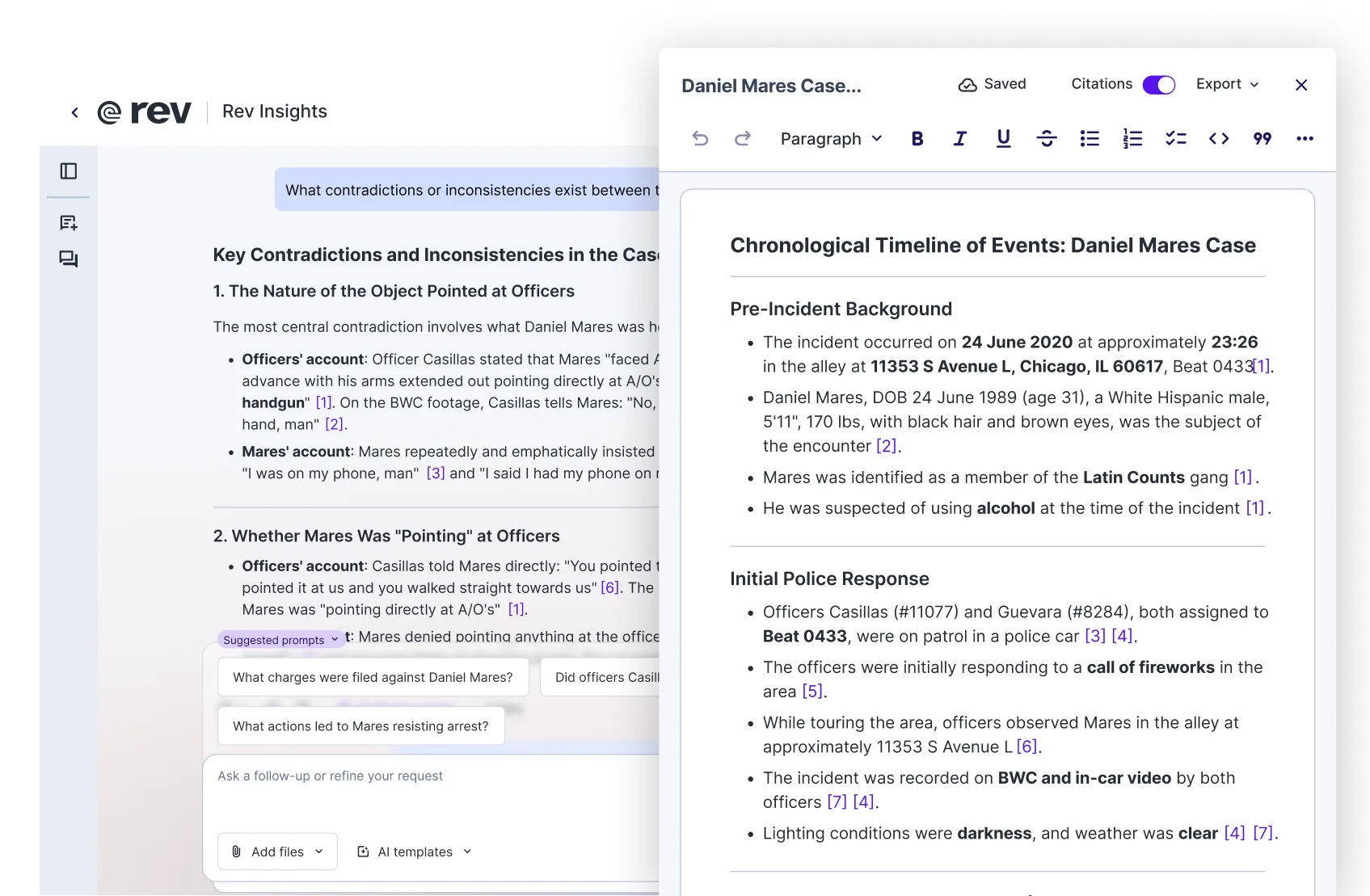 A snapshot of Rev's AI Chat feature that reads "Chat with AI about your transcript" and shows feature options below.