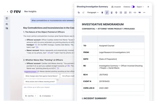 A snapshot of Rev's AI Chat feature that reads "Chat with AI about your transcript" and shows feature options below.