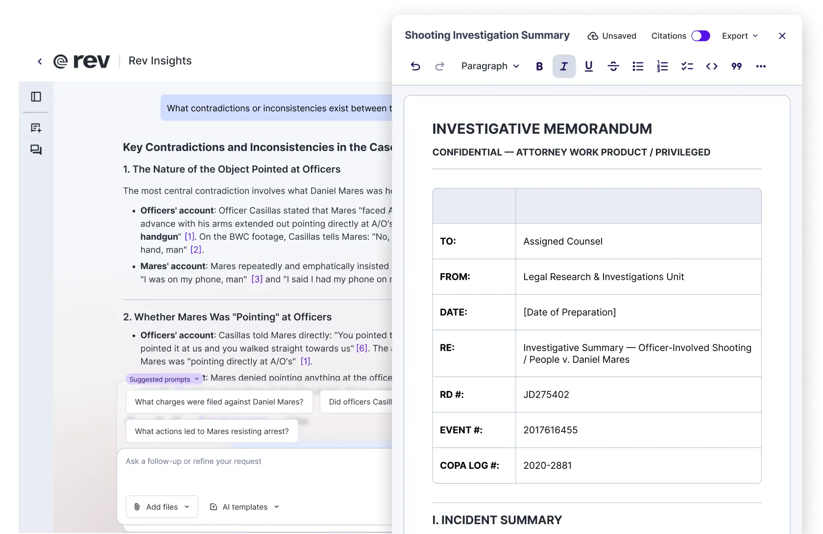 A snapshot of Rev's AI Chat feature that reads "Chat with AI about your transcript" and shows feature options below.