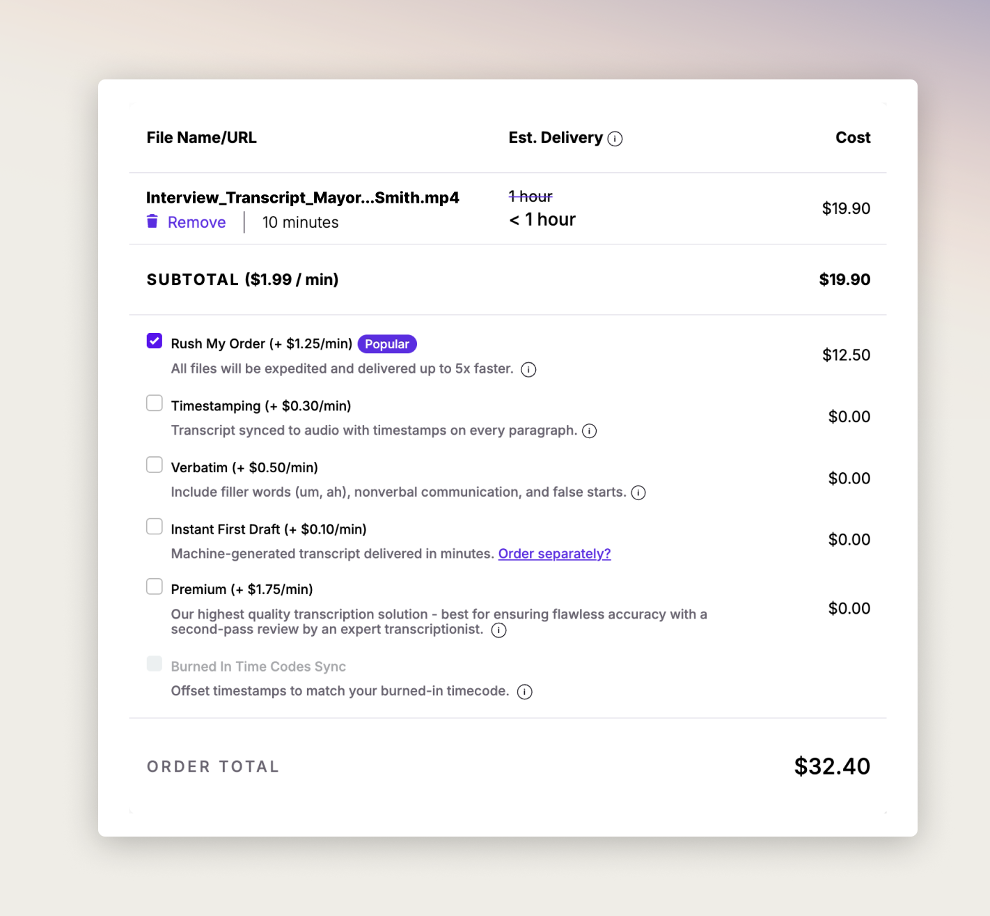 Rev’s platform showing add-on options for a transcript order, including Rush, Verbatim, Timestamping, and more.