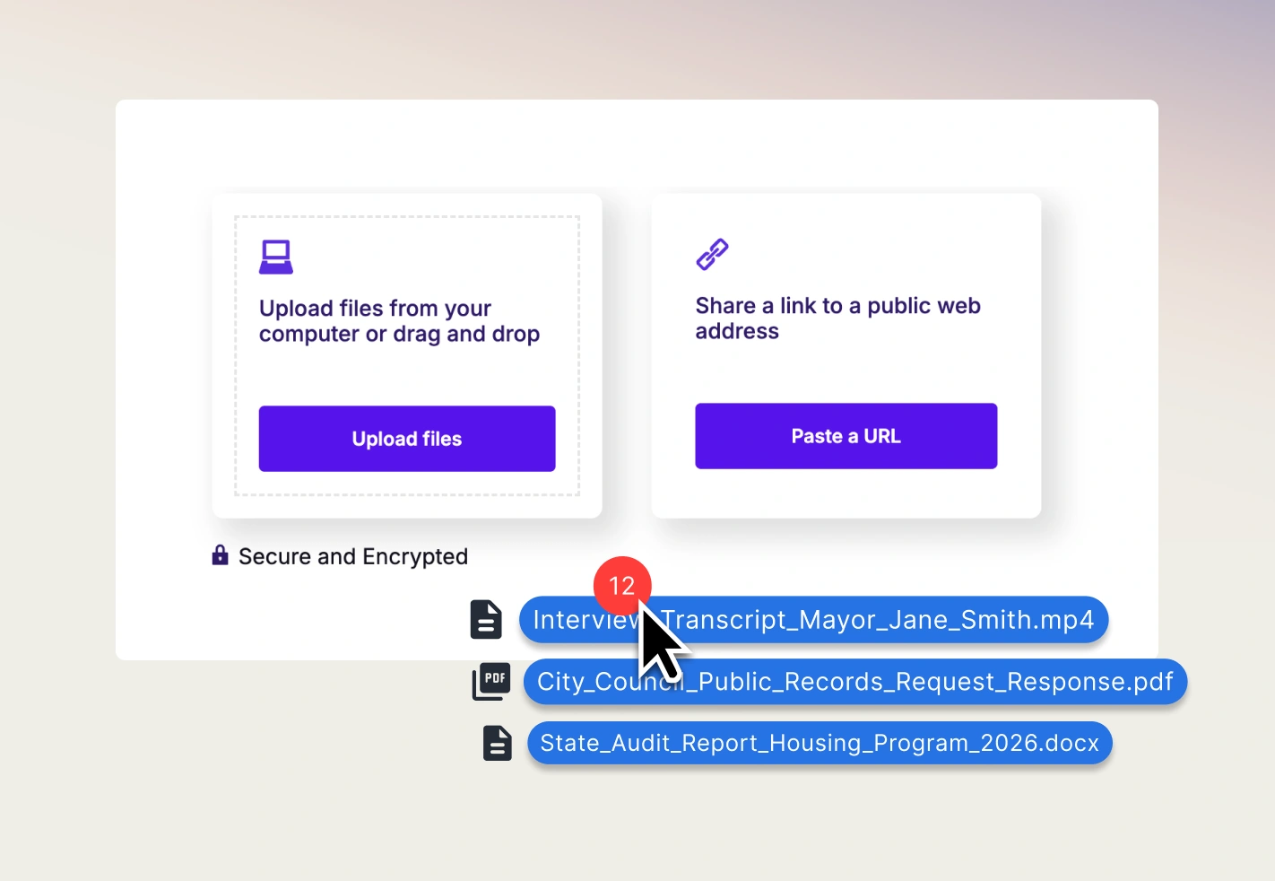 Multiple files being dragged into Rev’s platform for uploading to get transcripts created.