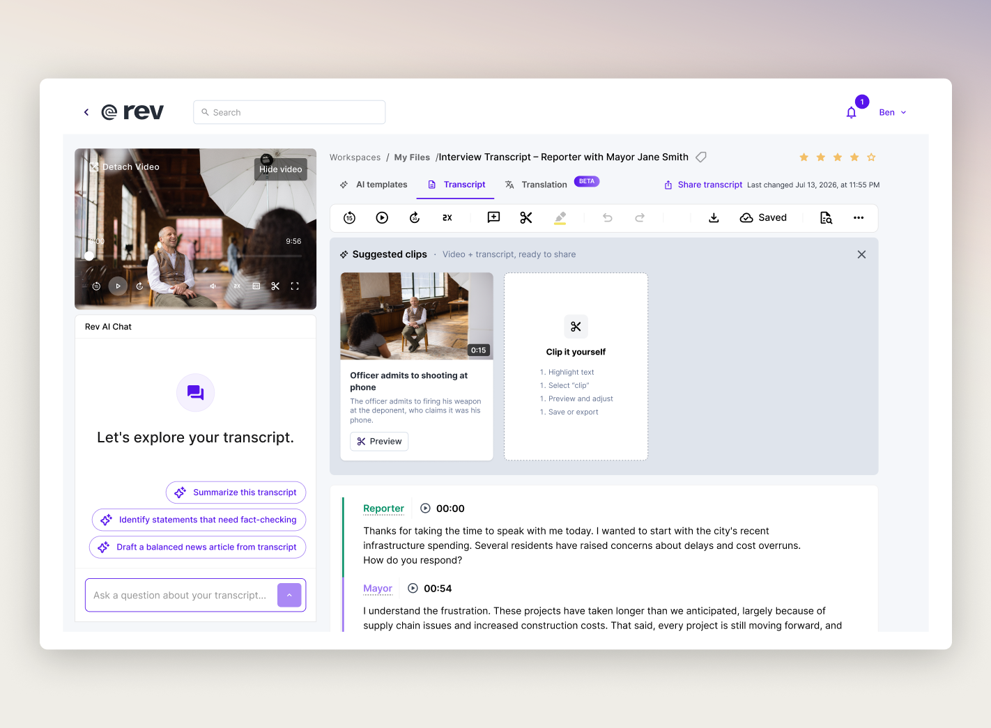 Rev’s transcript editor platform, showing a transcript of a video and interactive features like AI chat and Suggested Clips.