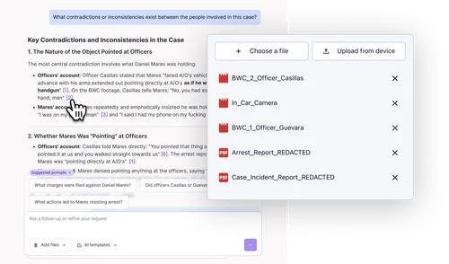 A snapshot of Rev's AI Chat feature that reads "Chat with AI about your transcript" and shows feature options below.