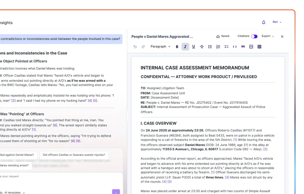 Document editor showing a case assessment of events with citations enabled and export options.