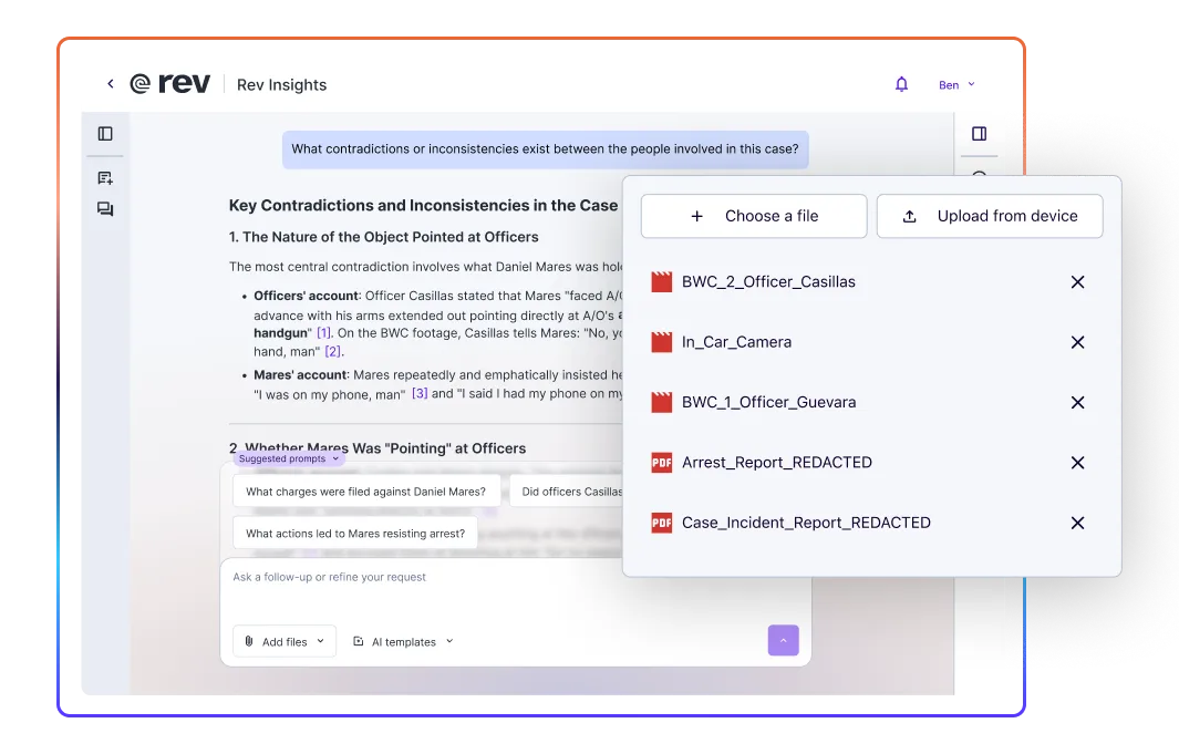 Rev Insights listing key contradictions across a case, with body camera footage and reports uploaded as evidence.