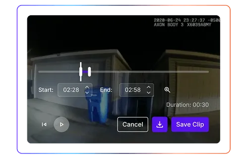 Body camera video player with a 30-second clip selected from 2:28 to 2:58 and a Save Clip button.