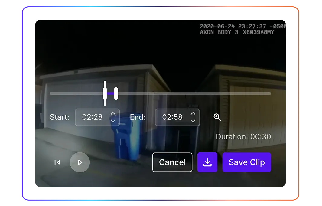 Body camera video player with a 30-second clip selected from 2:28 to 2:58 and a Save Clip button.