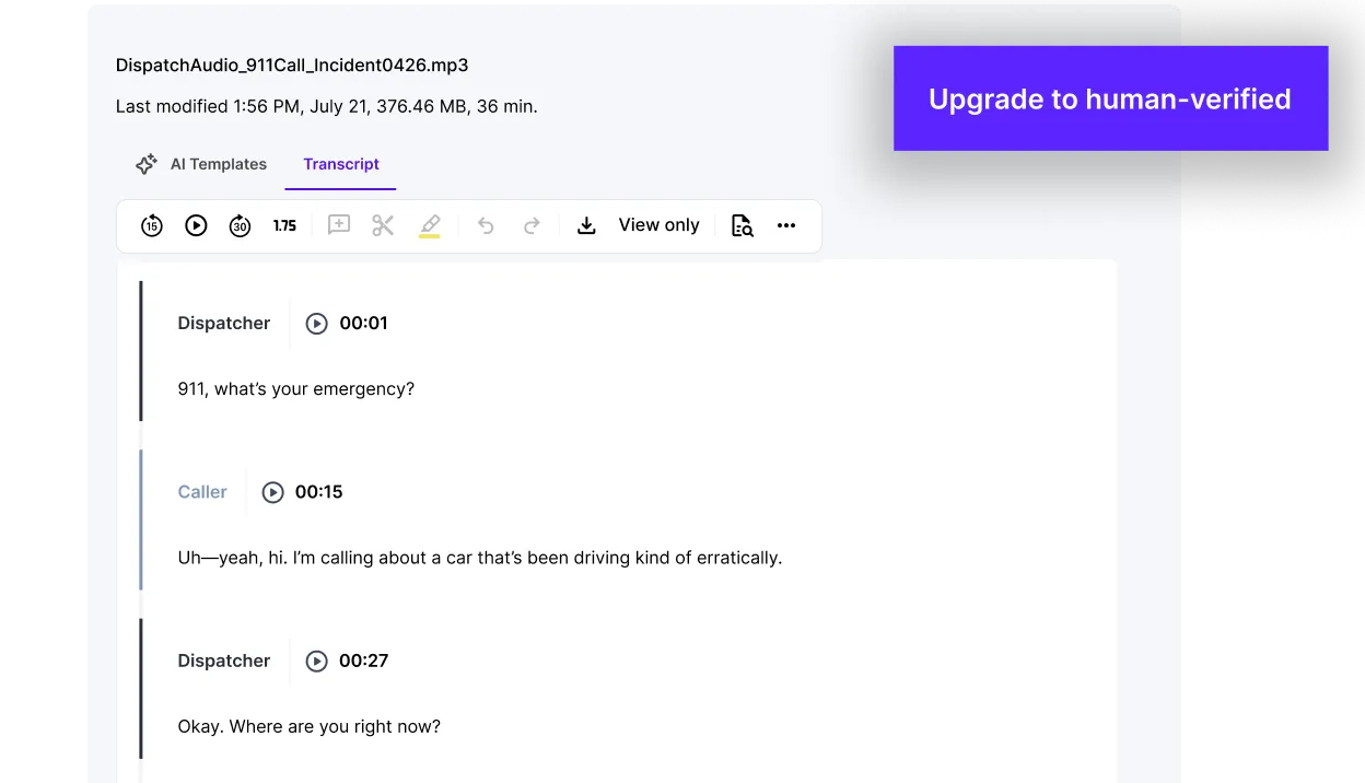 Transcript of a 911 call with speaker labels and timestamps, and an Upgrade to human-verified button.