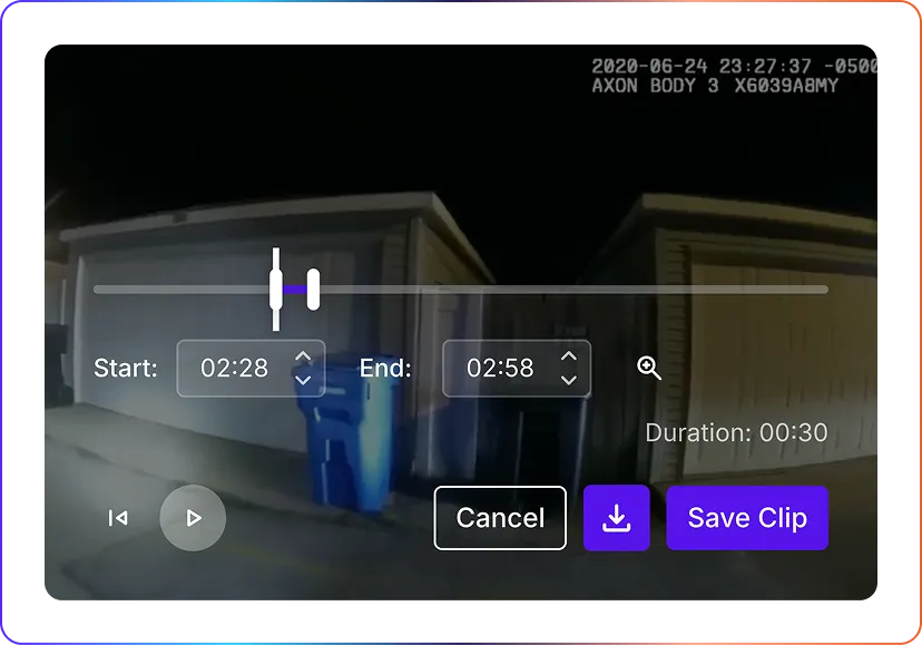 Clip trimming tool over body-camera video, start 02:28 and end 02:58 set for a 30-second clip, with Save Clip button.